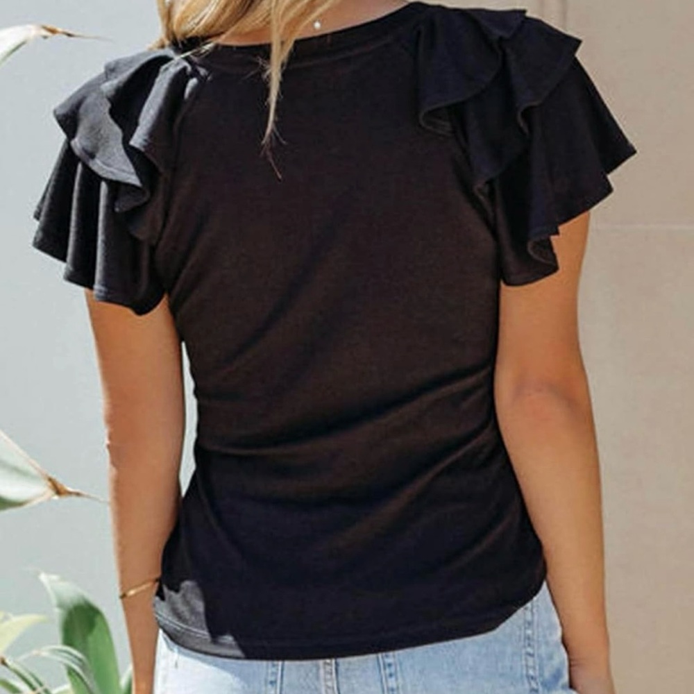 Black Ruffled Short Sleeve Fitted Tee - Picture 3 of 4
